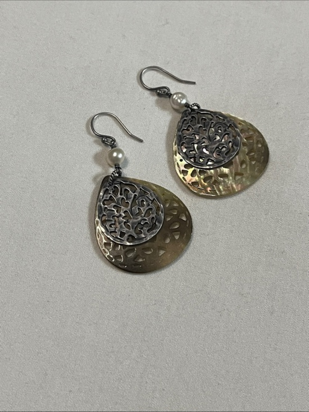Stamped Silver Filigree Pearl & Carved Shell Earrings | Made in Indonesia
